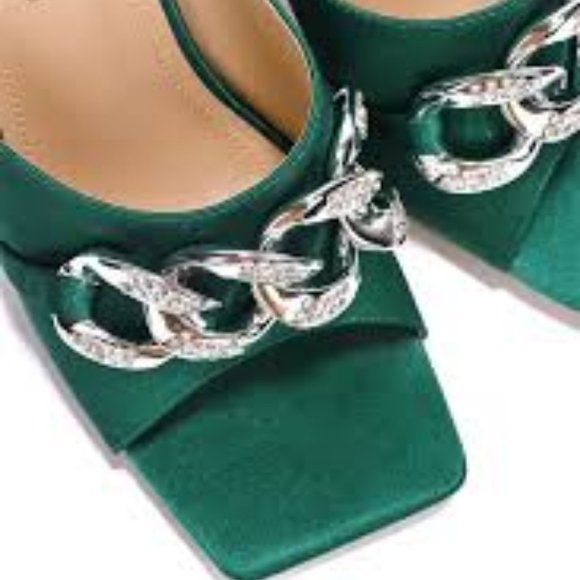 NWT CAPE ROBBIN DISTENY SATIN RHINESTONE CHAIN TRIM HIGH HEELS GREEN 8.5 - Picture 4 of 15
